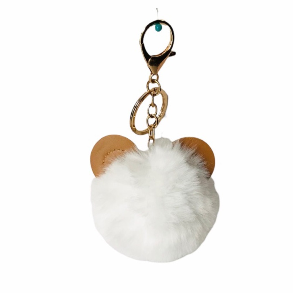 White Plush Pom Pom Cute Bear Faux Leather Keychain - Picture 3 of 3